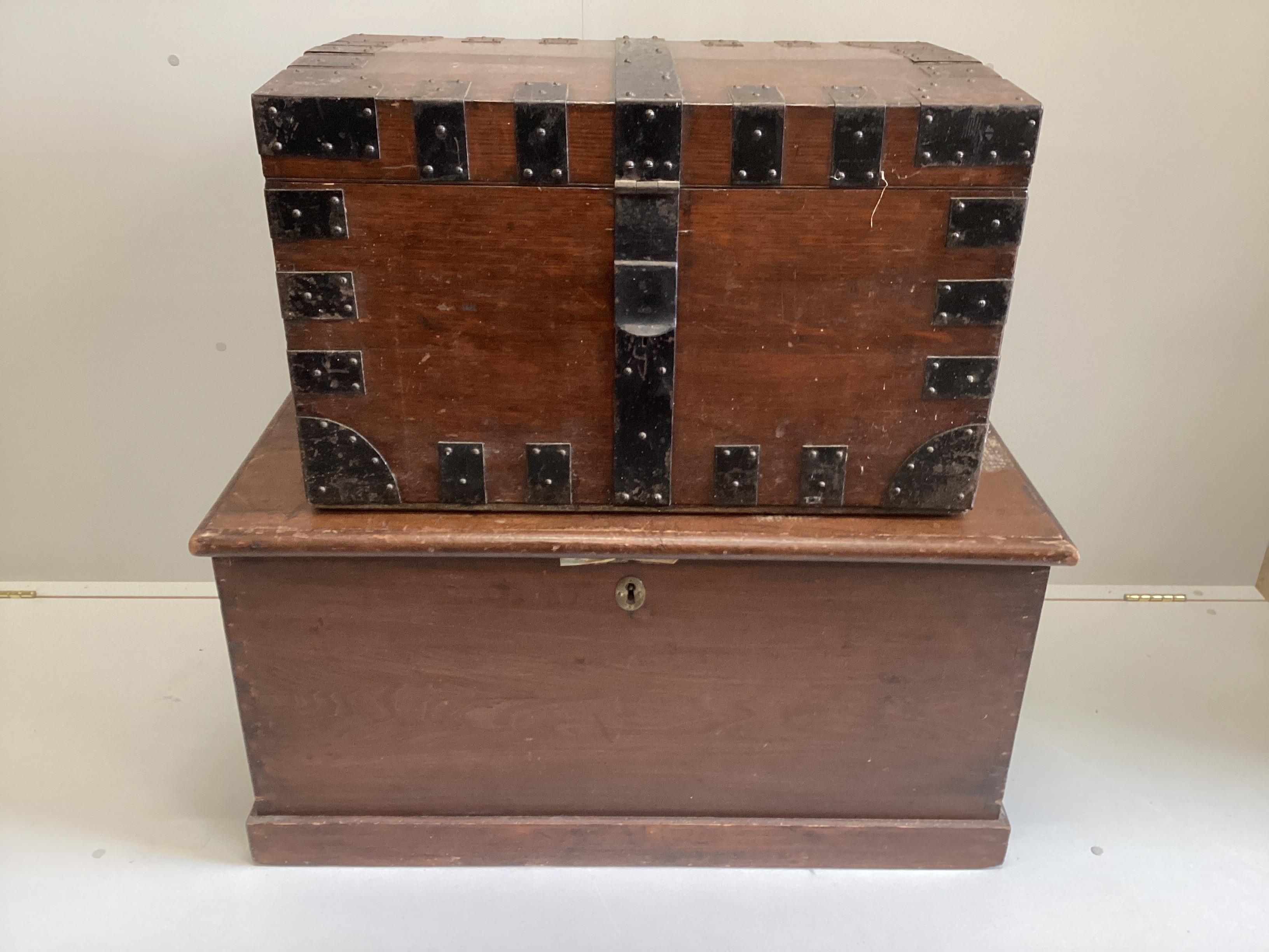 A Victorian iron bound oak silver chest, width 75cm, depth 47cm, height 46cm together with a larger Victorian stained pine trunk